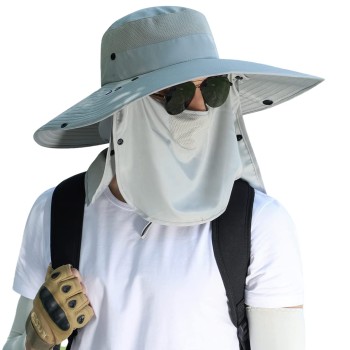 Women Wide Brim Sun Hat Detachable Face Neck Flap UV Protection Ponytail Outdoor Hat Light Gray Women Wide Brim Sun Hat Detachable Face Neck Flap UV Protection Ponytail Outdoor Hat Light Gray