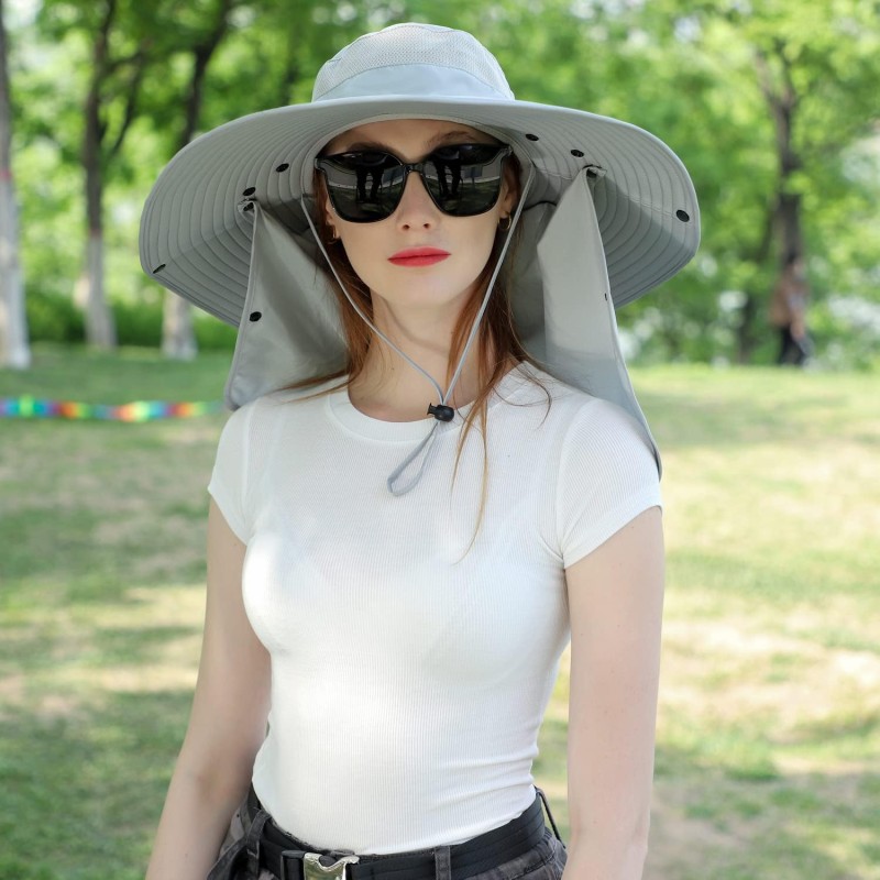 Light gray women's wide brim sun hat with detachable face and neck flap for UV protection