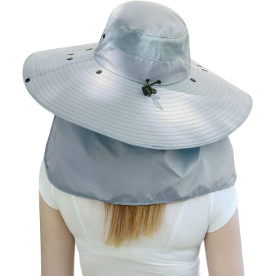 Light gray women's wide brim sun hat with detachable face and neck flap for UV protection