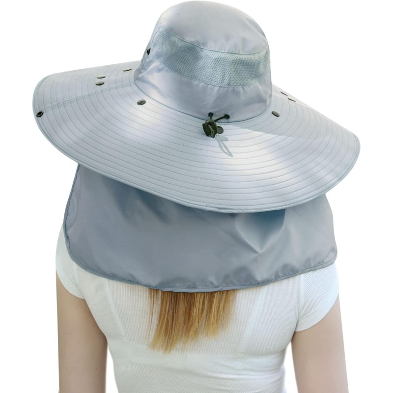 Light gray women's wide brim sun hat with detachable face and neck flap for UV protection