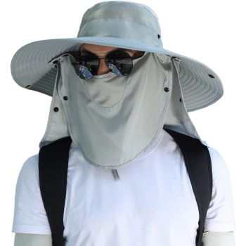 Women Wide Brim Sun Hat Detachable Face Neck Flap UV Protection Ponytail Outdoor Hat Light Gray