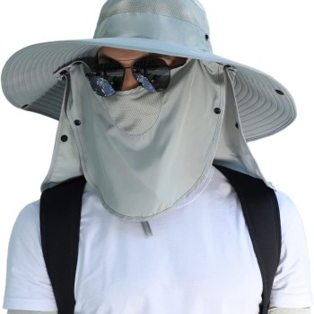 Women Wide Brim Sun Hat Detachable Face Neck Flap UV Protection Ponytail Outdoor Hat Light Gray