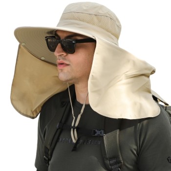 UPF 50+ HUAMULAN Sun Hat with Neck Flap – Men Women Quick Dry Hiking Fishing Safari Hat, Beige