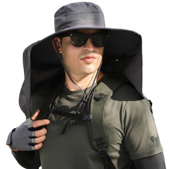 HUAMULAN UPF 50+ Sun Hat Unisex Large Brim Neck Flap Quick Dry Hiking Fishing Safari Hat Dark Gray One Size Hyp016