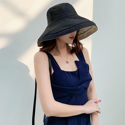 Women's Wide Brim UV Sun Hat (Lant001-black) Women's black wide brim reversible UV sun hat with wired edge