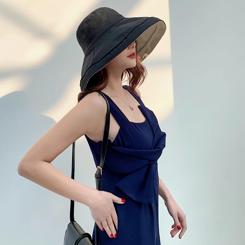 Women's Wide Brim UV Sun Hat (Lant001-black) Women's black wide brim reversible UV sun hat with wired edge