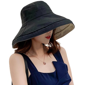 Women's Wide Brim Sun Hat UV Protection One Size Reversible Metal Wired Edge Windproof Chin Strap Summer Beach Hiking Lant001-black