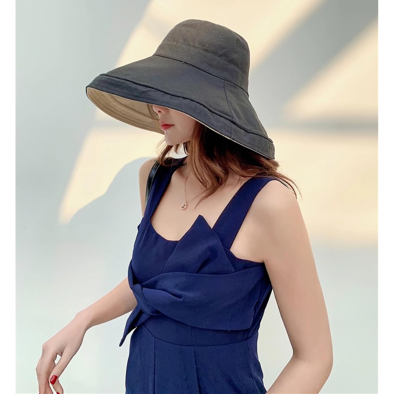 Women's Wide Brim UV Sun Hat (Lant001-black) Women's black wide brim reversible UV sun hat with wired edge