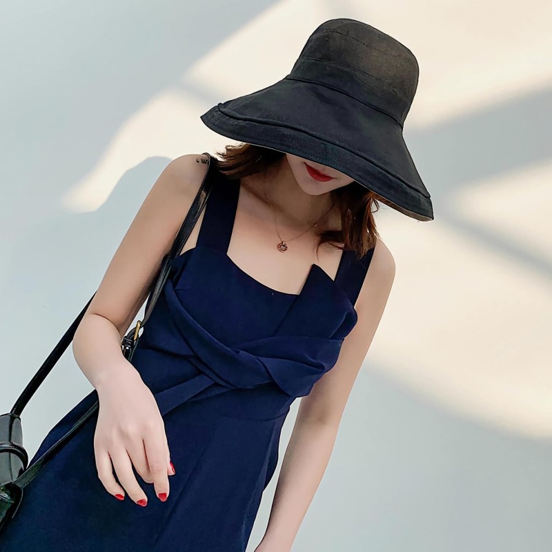 Women's Wide Brim UV Sun Hat (Lant001-black) Women's black wide brim reversible UV sun hat with wired edge