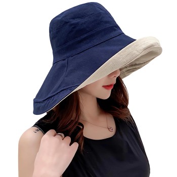 Women’s Wide Brim Sun Hat UV Protection Reversible Summer Beach Fishing Hat with Windproof Chin Strap One Size Navy