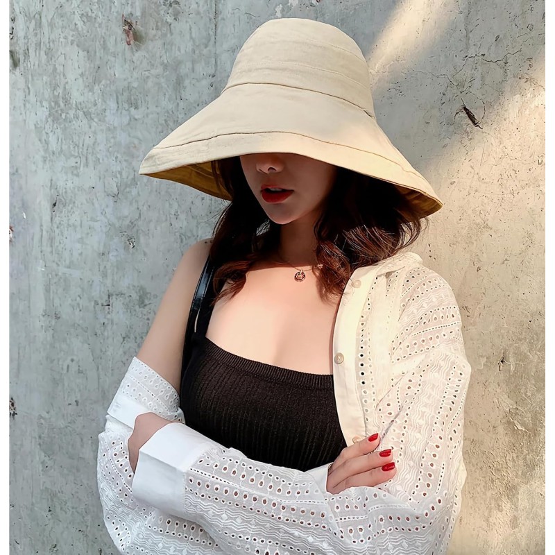 Women's yellow wide brim reversible sun hat with wired edge and chin strap