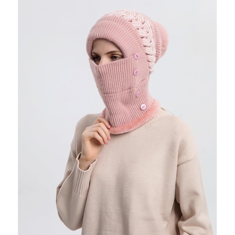 Pink Fleece Lined Pom Pom Balaclava Beanie Set for Skiing Pink women's winter fleece lined pompom balaclava beanie set for skiing
