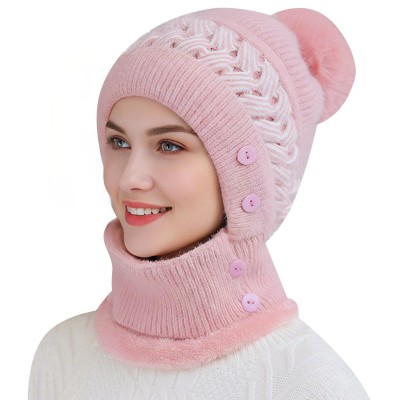 Pink Fleece Lined Pom Pom Balaclava Beanie Set for Skiing Pink women's winter fleece lined pompom balaclava beanie set for skiing