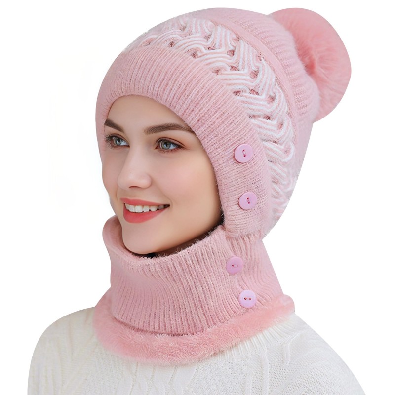 Pink Fleece Lined Pom Pom Balaclava Beanie Set for Skiing Pink women's winter fleece lined pompom balaclava beanie set for skiing