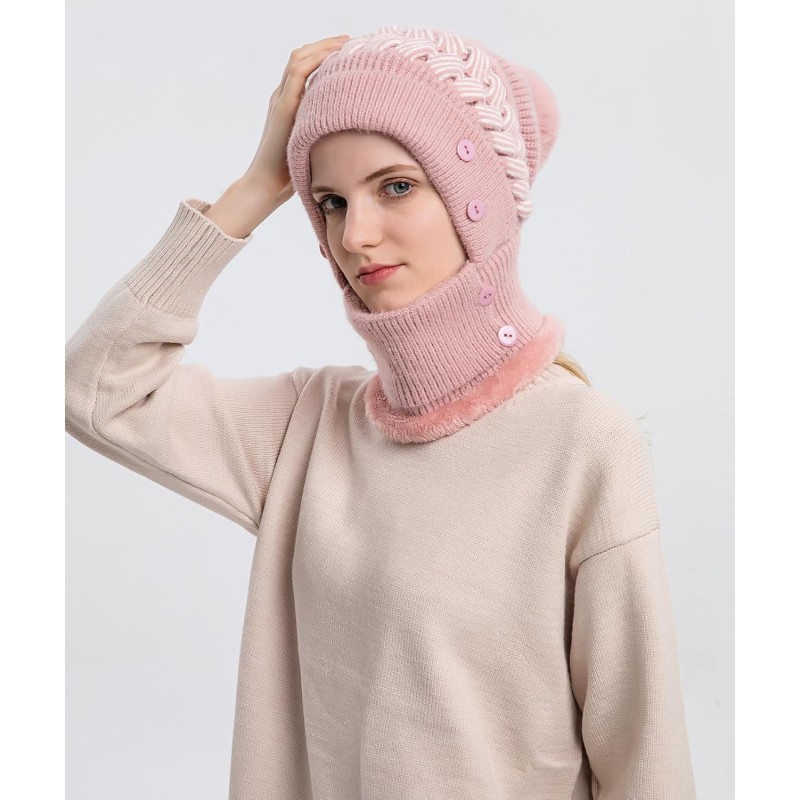 Pink Fleece Lined Pom Pom Balaclava Beanie Set for Skiing Pink women's winter fleece lined pompom balaclava beanie set for skiing