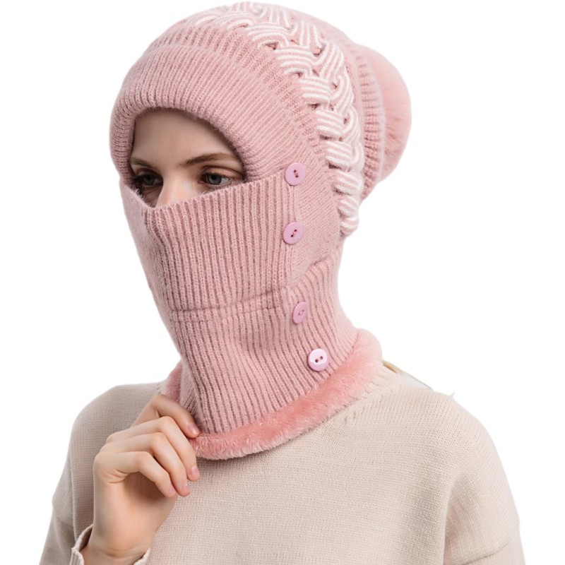 Pink Fleece Lined Pom Pom Balaclava Beanie Set for Skiing Pink women's winter fleece lined pompom balaclava beanie set for skiing