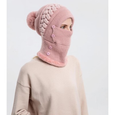Pink Fleece Lined Pom Pom Balaclava Beanie Set for Skiing Pink women's winter fleece lined pompom balaclava beanie set for skiing