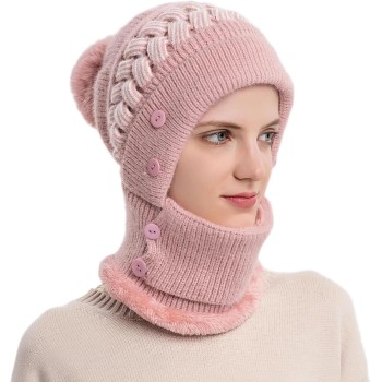 Women's Winter Fleece Lined Pompom Balaclava Beanie Set, One Size Pink, Ski Snow Warm Hat Women's Winter Fleece Lined Pompom Balaclava Beanie Set, One Size Pink, Ski Snow Warm Hat