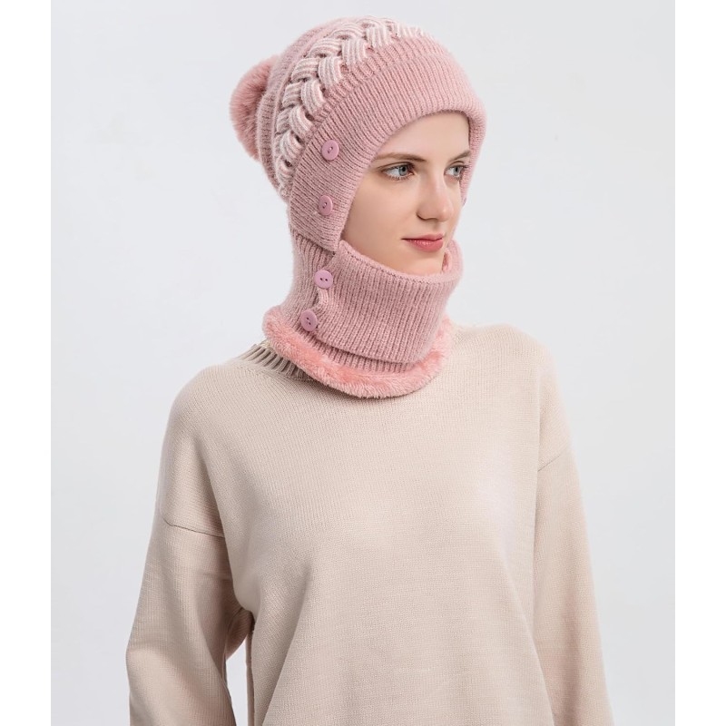 Pink Fleece Lined Pom Pom Balaclava Beanie Set for Skiing Pink women's winter fleece lined pompom balaclava beanie set for skiing