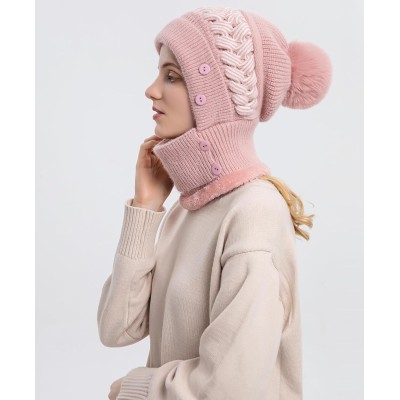 Pink Fleece Lined Pom Pom Balaclava Beanie Set for Skiing Pink women's winter fleece lined pompom balaclava beanie set for skiing