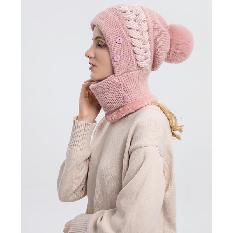 Pink Fleece Lined Pom Pom Balaclava Beanie Set for Skiing Pink women's winter fleece lined pompom balaclava beanie set for skiing