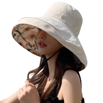 HUAMULAN Women's Summer Sun Hat Wide Brim Wired Edge Reversible UV Protection Foldable Beach Travel Bucket Hat