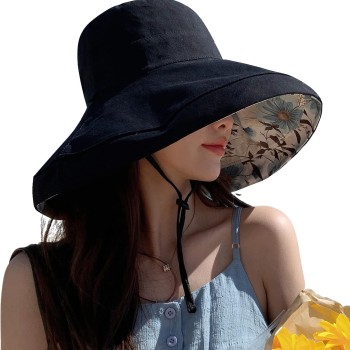 HUAMULAN Women’s Wide Brim Reversible Bucket Hat UV Protection Foldable Summer Beach Travel Sun Hat Black