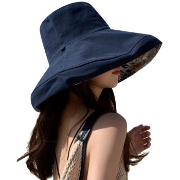 HUAMULAN Women's Wide Brim Sun Hat Wired Edge Reversible UV Protection Foldable Beach Fishing Travel Navy