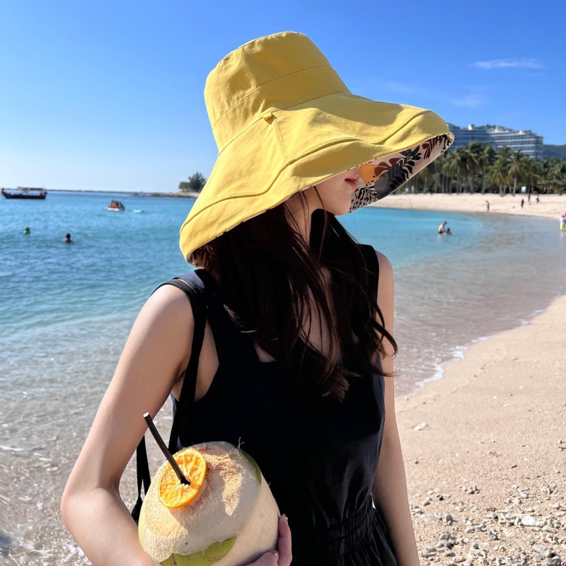 HUAMULAN Women's Reversible Wide Brim Sun Hat Yellow UV Protection