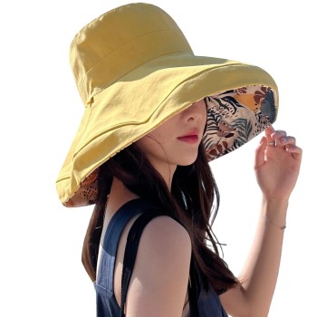 HUAMULAN Women Wide Brim Wired Edge Reversible Sun Hat UV Protection Foldable Beach Travel Hat Yellow