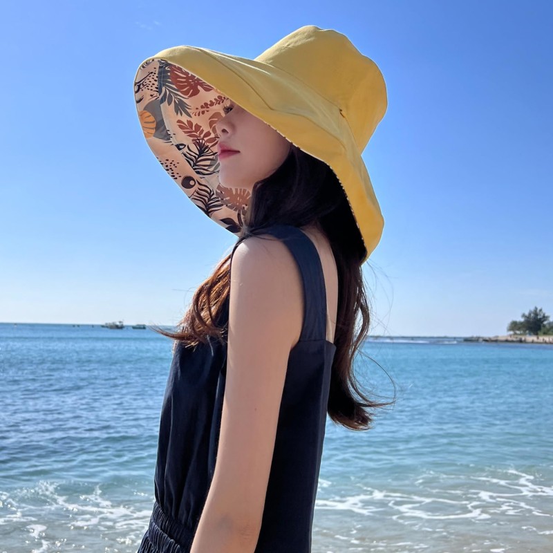 HUAMULAN Women's Reversible Wide Brim Sun Hat Yellow UV Protection