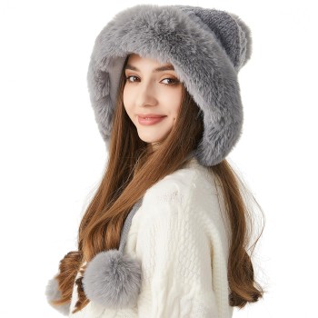 HUAMULAN Women's Peruvian Winter Sherpa Beanie Fleece Lined Ear Flaps Ponytail Pom Pom Ski Snow Grey