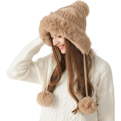 HUAMULAN Women's Khaki Winter Sherpa Beanie Ear Flap Hat HUAMULAN Women's Khaki Peruvian Winter Sherpa Beanie with Ear Flaps
