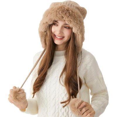 HUAMULAN Women's Khaki Winter Sherpa Beanie Ear Flap Hat HUAMULAN Women's Khaki Peruvian Winter Sherpa Beanie with Ear Flaps