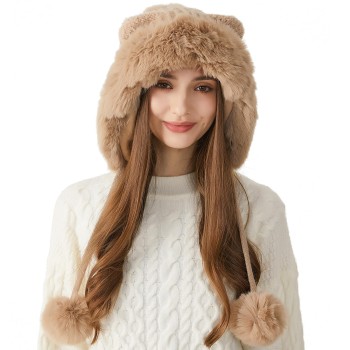 HUAMULAN Women's Peruvian Winter Sherpa Beanie Ear Flaps Fleece Lined Ponytail Ski Travel Hat Khaki