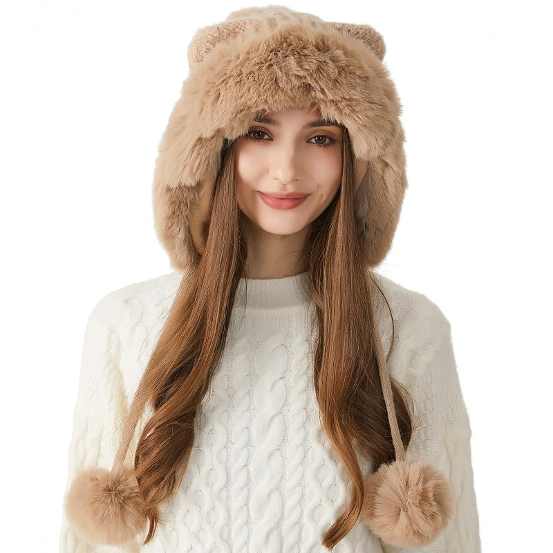 HUAMULAN Women's Khaki Winter Sherpa Beanie Ear Flap Hat HUAMULAN Women's Khaki Peruvian Winter Sherpa Beanie with Ear Flaps