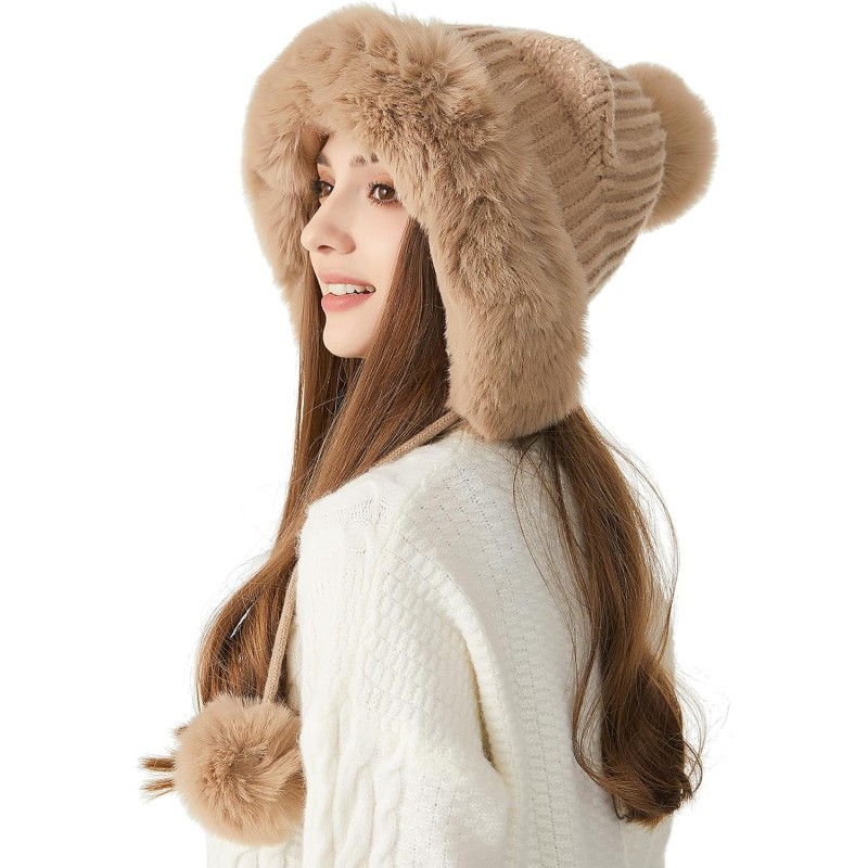 HUAMULAN Women's Khaki Winter Sherpa Beanie Ear Flap Hat HUAMULAN Women's Khaki Peruvian Winter Sherpa Beanie with Ear Flaps