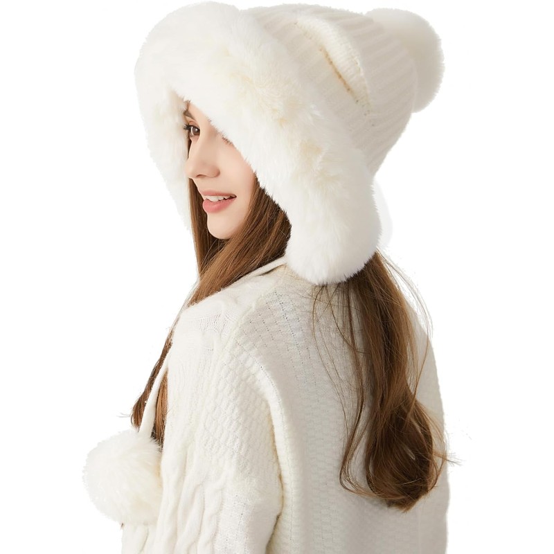 HUAMULAN Women's Winter Sherpa Beanie Ear Flap Hat HUAMULAN Women's Cream White Sherpa Beanie with Ear Flaps, Ponytail Friendly