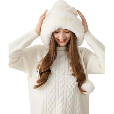 HUAMULAN Women's Winter Sherpa Beanie Ear Flap Hat HUAMULAN Women's Cream White Sherpa Beanie with Ear Flaps, Ponytail Friendly