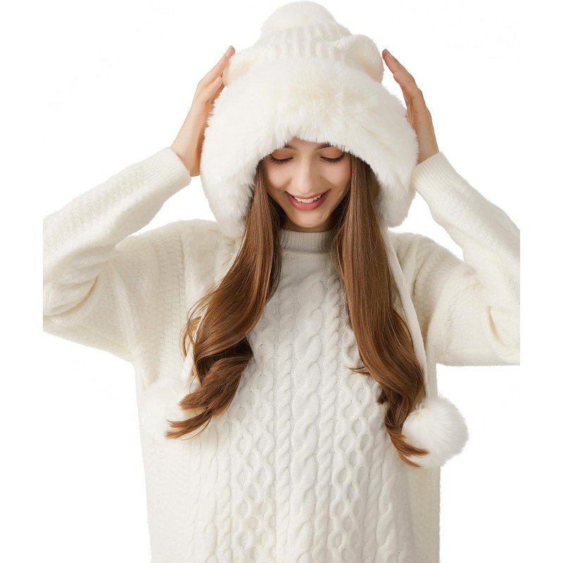 HUAMULAN Women's Winter Sherpa Beanie Ear Flap Hat HUAMULAN Women's Cream White Sherpa Beanie with Ear Flaps, Ponytail Friendly