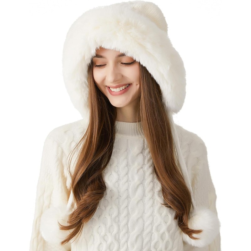 HUAMULAN Women's Winter Sherpa Beanie Ear Flap Hat HUAMULAN Women's Cream White Sherpa Beanie with Ear Flaps, Ponytail Friendly
