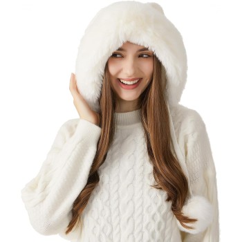 HUAMULAN Women's Winter Sherpa Beanie, Fleece Lined Ear Flap Hat, Ponytail Friendly, Cream White, One Size