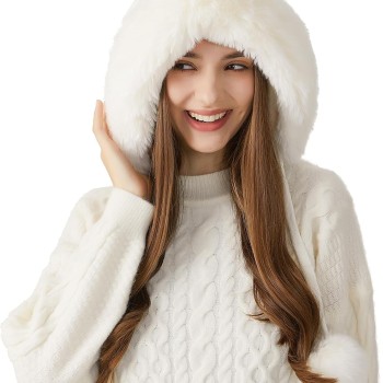 HUAMULAN Women's Winter Sherpa Beanie, Fleece Lined Ear Flap Hat, Ponytail Friendly, Cream White, One Size HUAMULAN Women's Winter Sherpa Beanie, Fleece Lined Ear Flap Hat, Ponytail Friendly, Cream White, One Size