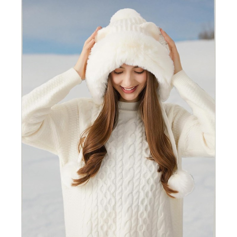 HUAMULAN Women's Winter Sherpa Beanie Ear Flap Hat HUAMULAN Women's Cream White Sherpa Beanie with Ear Flaps, Ponytail Friendly