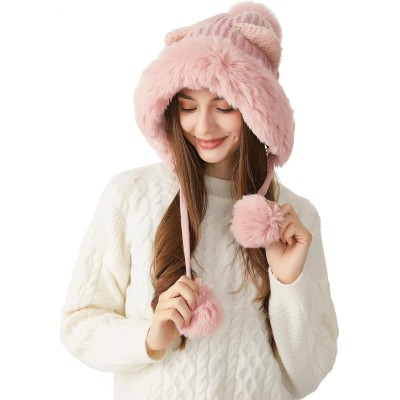 Women's Winter Sherpa Lined Beanie Hat Women's Pink Sherpa Lined Beanie Hat with Ear Flaps, Ponytail Friendly
