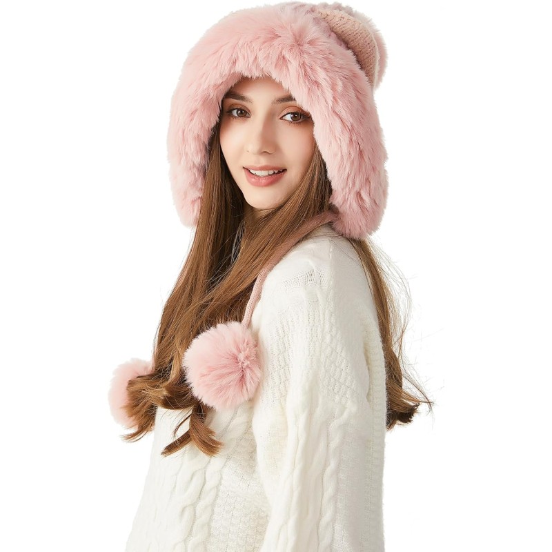 Women's Winter Sherpa Lined Beanie Hat Women's Pink Sherpa Lined Beanie Hat with Ear Flaps, Ponytail Friendly