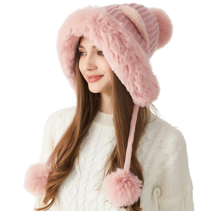 Women's Winter Sherpa Lined Beanie Hat Women's Pink Sherpa Lined Beanie Hat with Ear Flaps, Ponytail Friendly