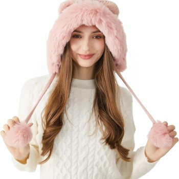Women's Winter Sherpa Lined Beanie Hat Ear Flaps Ponytail Friendly Pink Ski Travel One Size