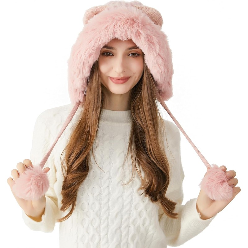 Women's Winter Sherpa Lined Beanie Hat Women's Pink Sherpa Lined Beanie Hat with Ear Flaps, Ponytail Friendly