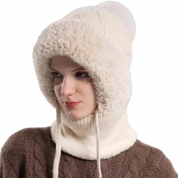 HUAMULAN Women's Winter 3-in-1 Balaclava Beige Knit Ski Hat Earmuff Face Mask Neck Scarf Windproof Cold Weather Set